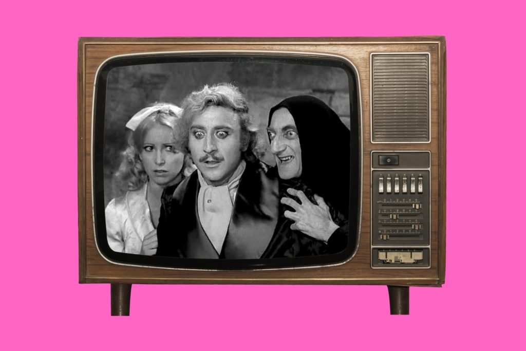 Classic comedy spoof film posters in atmospheric cinema room Airplane movie parody scene with Leslie Nielsen Mel Brooks Spaceballs parody science fiction comedy Scary Movie parody horror comedy ensemble cast Hot Shots military parody comedy scene The Naked Gun Leslie Nielsen comedy scene Young Frankenstein Mel Brooks black and white parody film 1980s spoof comedy movie collection