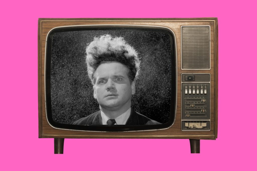 David Lynch portrait in atmospheric film studio Twin Peaks television still from the Red Room Blue Velvet movie scene with surreal suburban imagery Mulholland Drive dreamlike Hollywood sequence Eraserhead black and white industrial nightmare image David Lynch directing on film set Twin Peaks Red Room surreal television scene Five Minute Film School David Lynch episode thumbnail